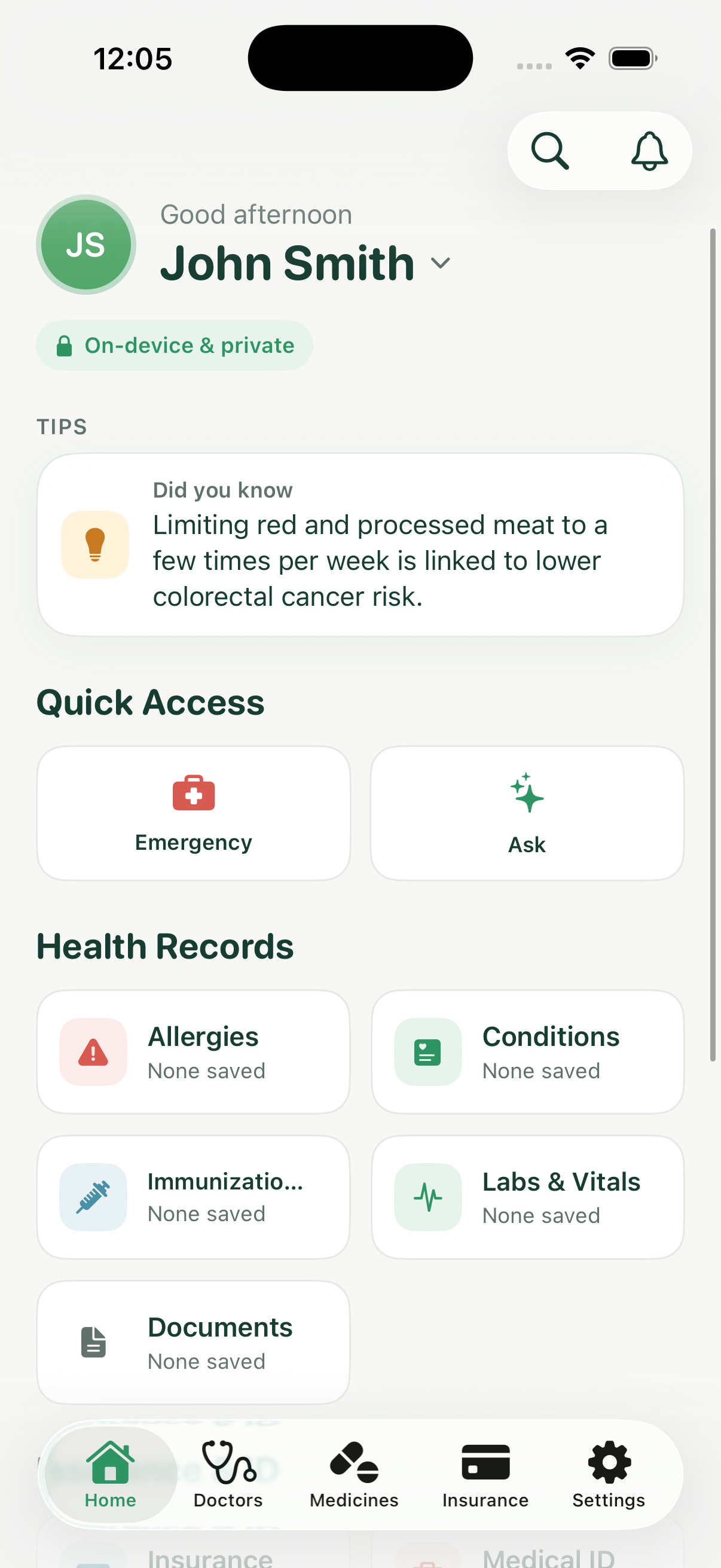 Caregram Home screen showing family health records, medicines, reminders, and quick actions