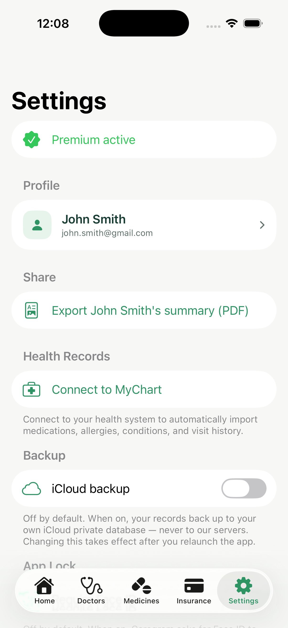Caregram Settings screen